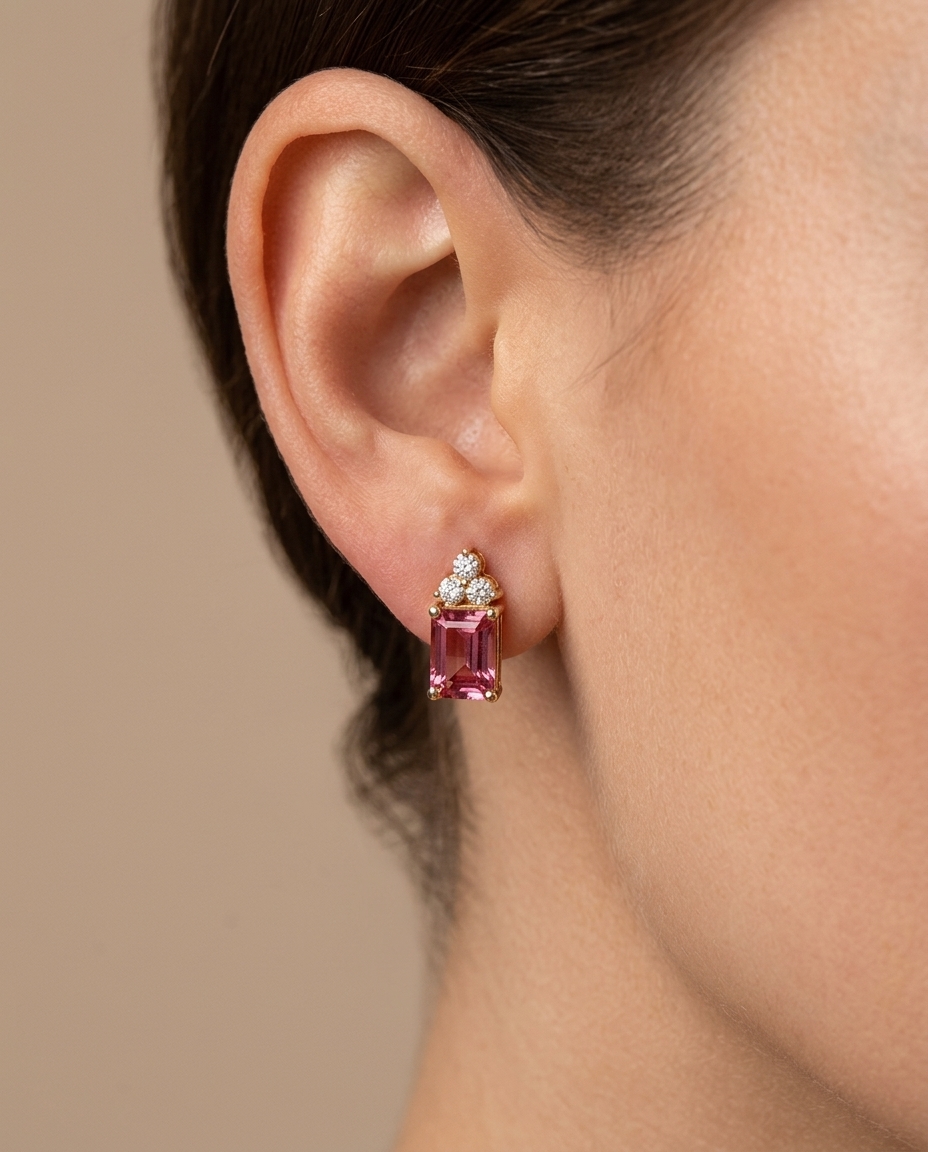 14KT Gold Pink Tourmaline and Diamonds Earring on model