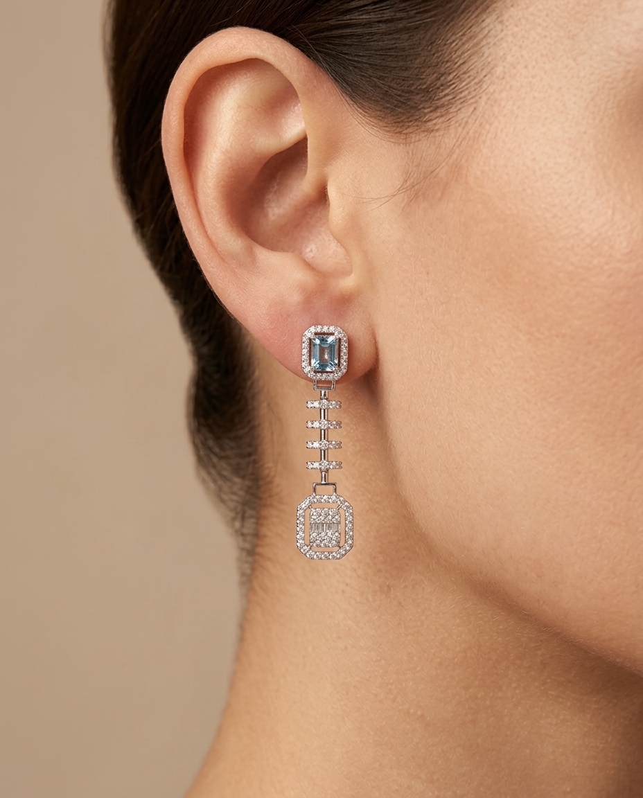 14KT White Gold Aquamarine and Diamonds Earring on model