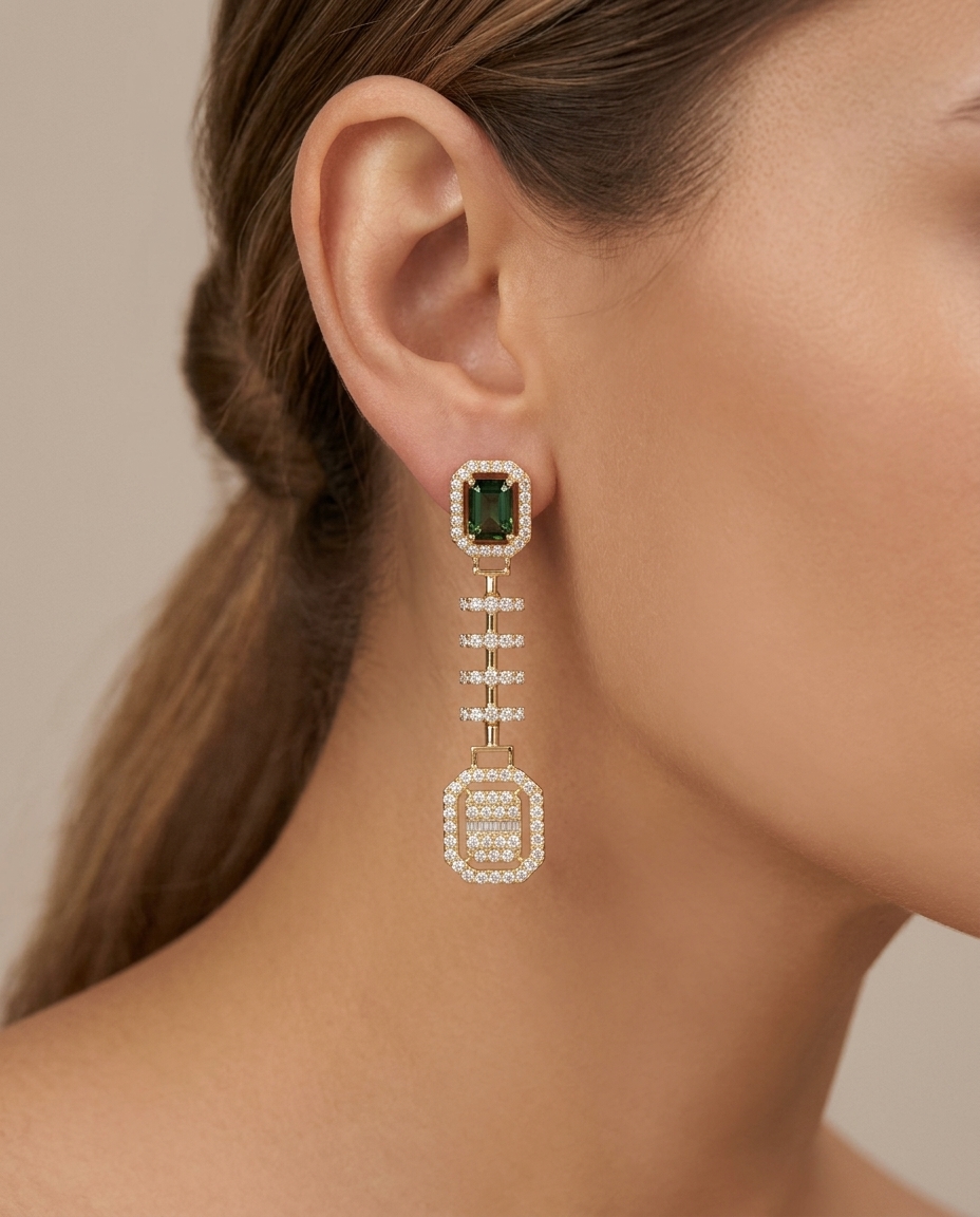 14KT Yellow Gold Tourmaline and Diamonds Earring on model