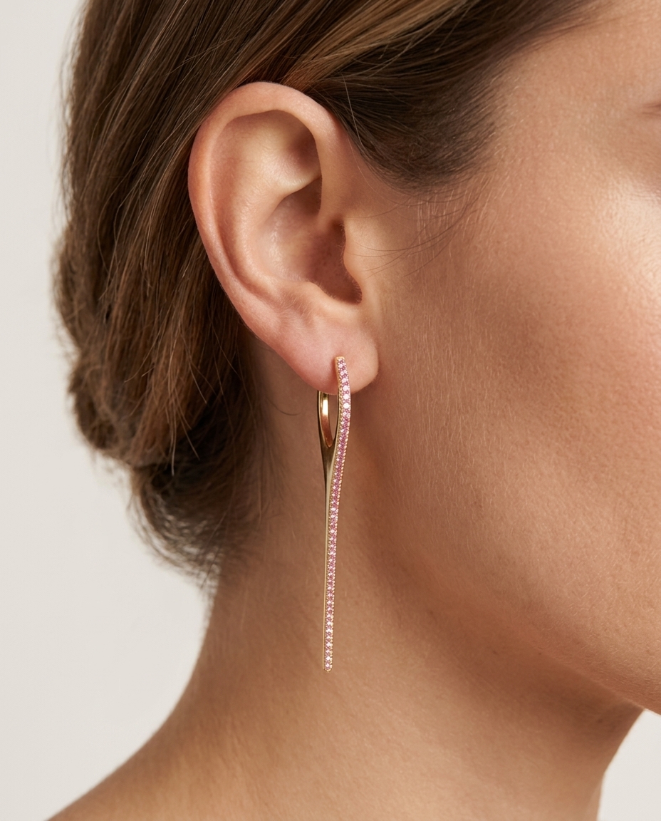 14KT Yellow Gold Pink Sapphire Spike Huggies on model