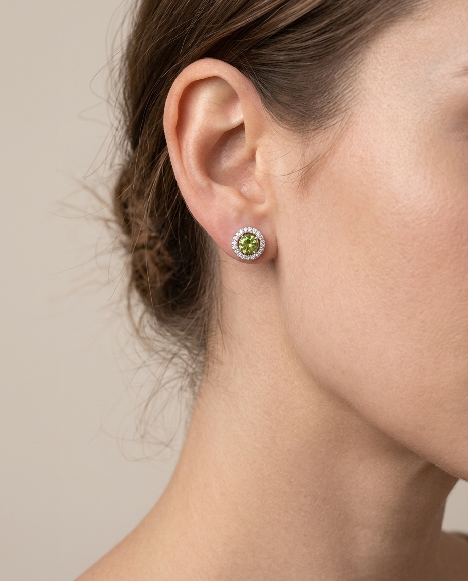 14KT White Gold Green Tourmaline and Diamond Earring on model