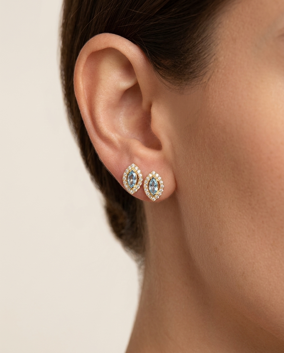 14KT Gold Aquamarine and Diamonds Stud Earring on model