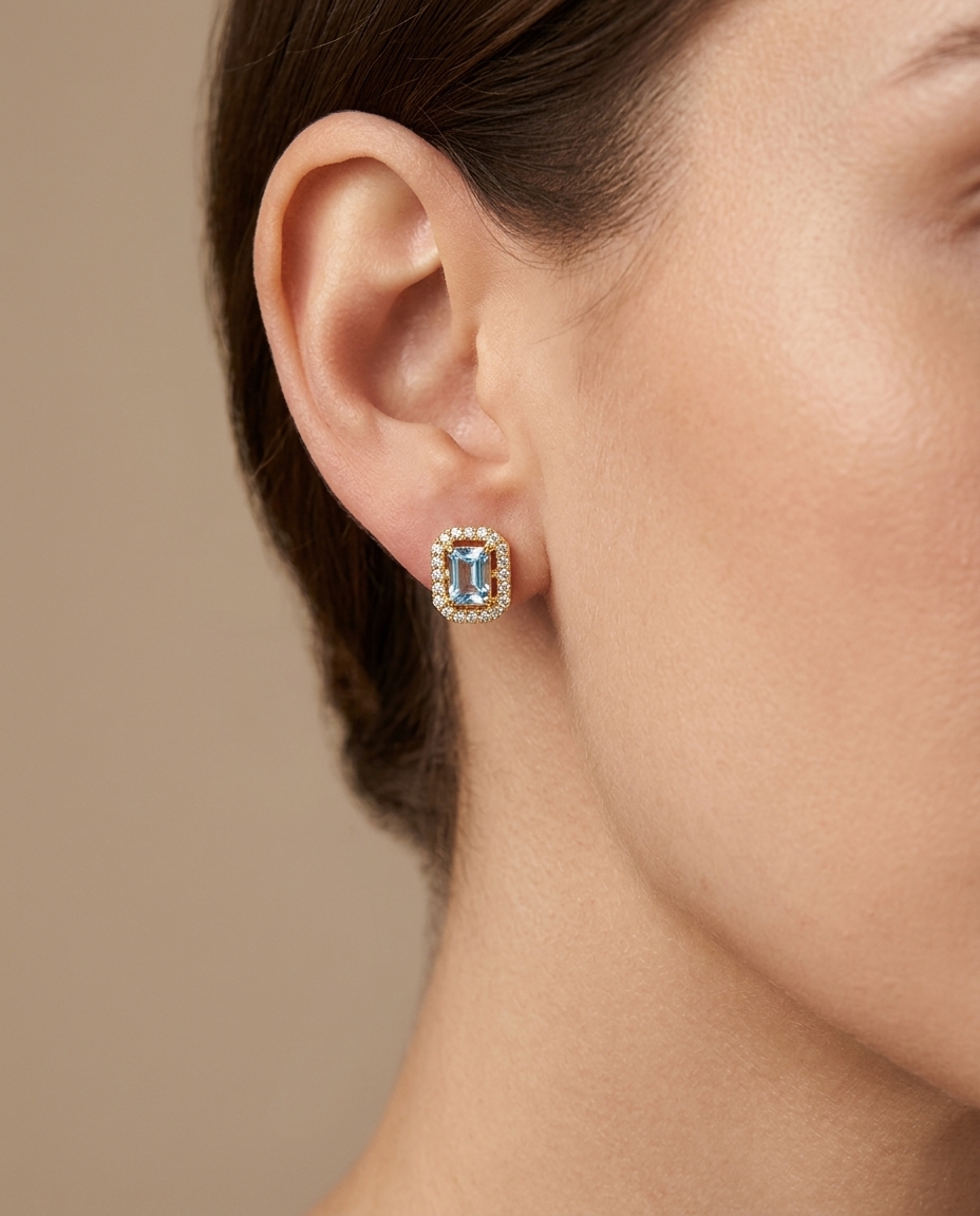 14KT Gold Aquamarine and Diamonds Stud Earring on model