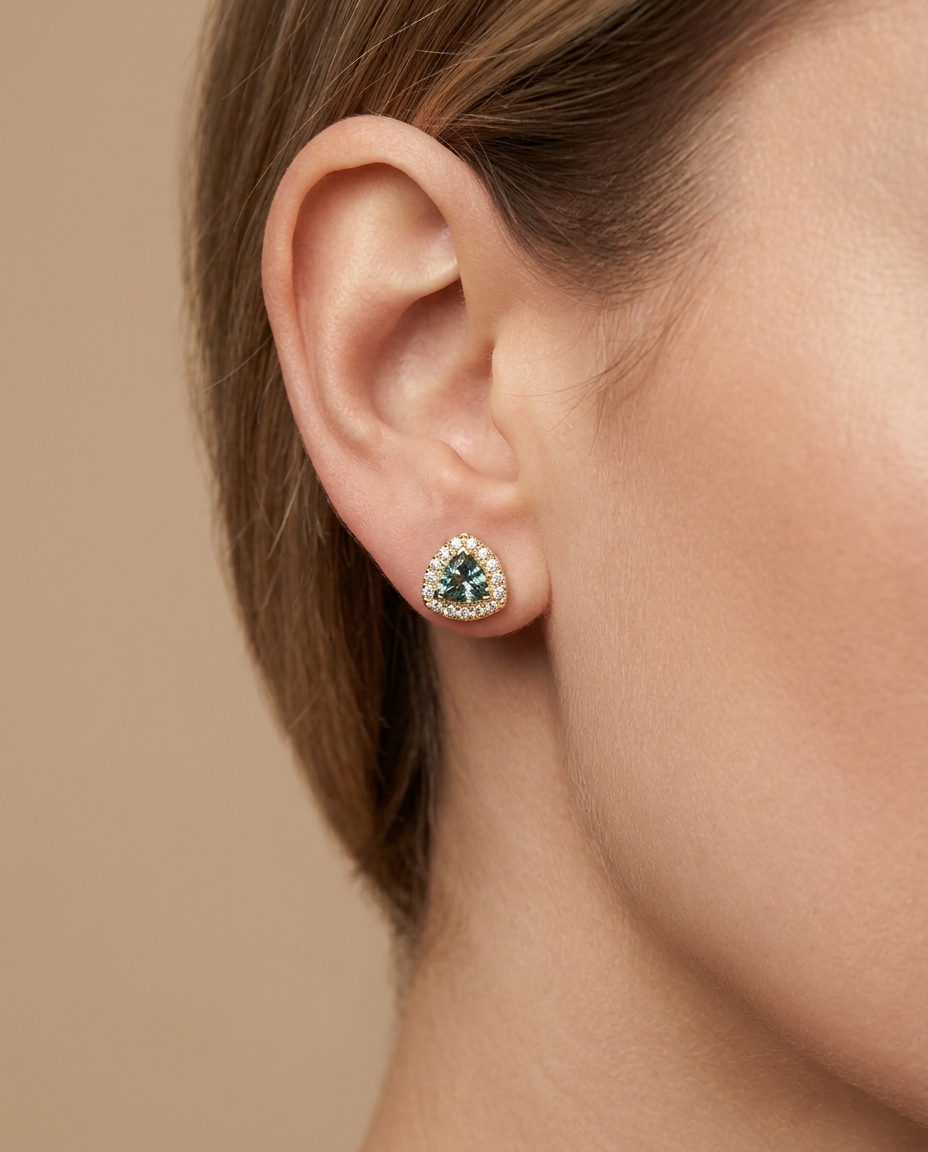 14KT Gold Aquamarine and Diamonds Stud Earring on model