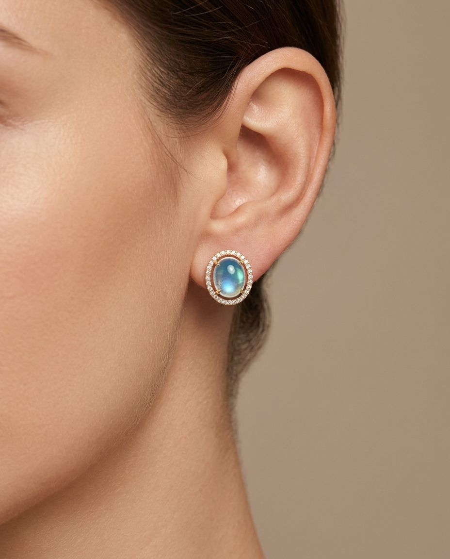 14KT Yellow Gold Rainbow Moonstone Diamond Earring on model