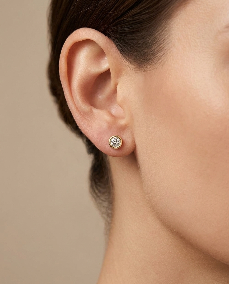 14KT Gold Bezel Set Diamond Earring on model