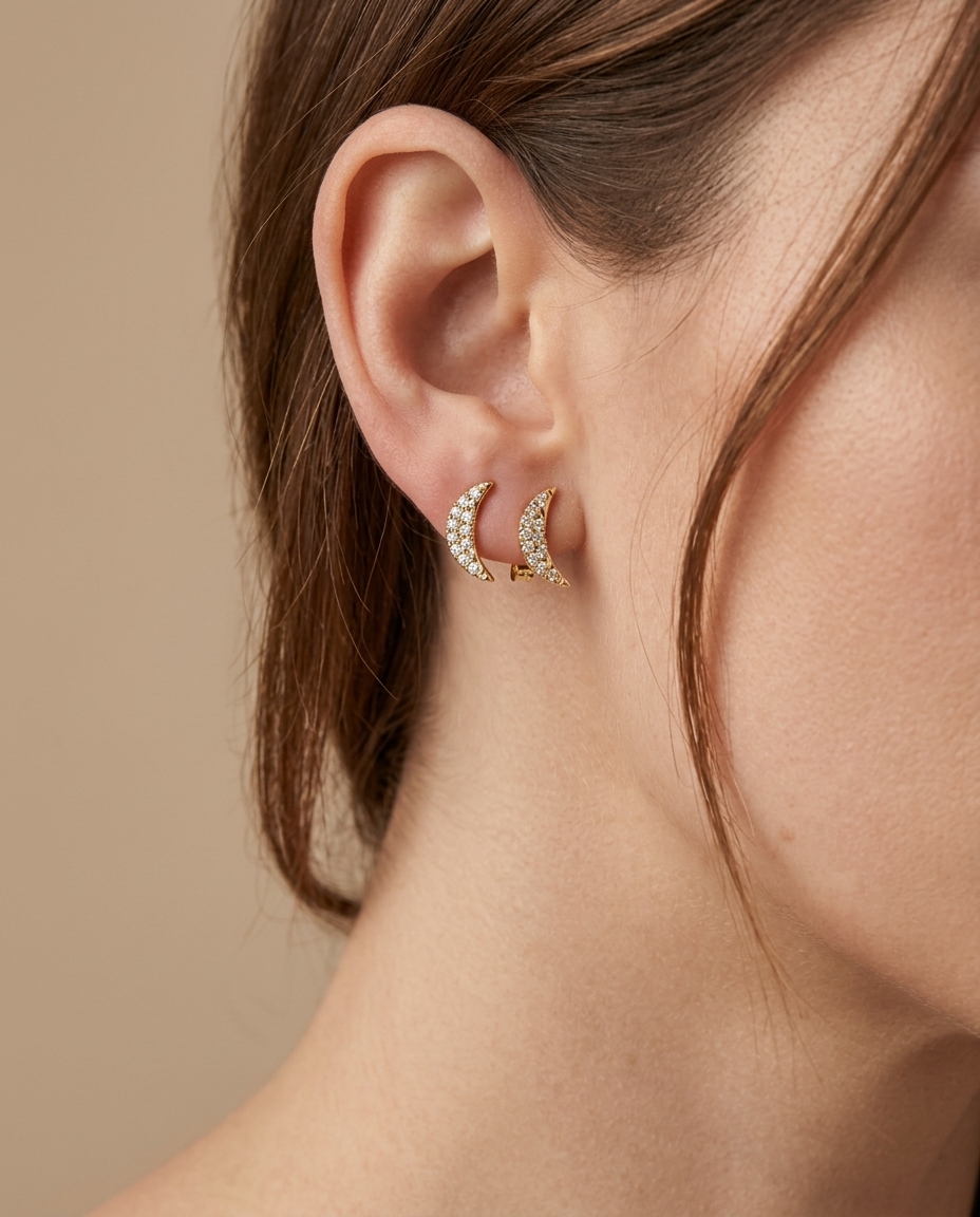 14KT Gold Half Moon Diamond Earring on model