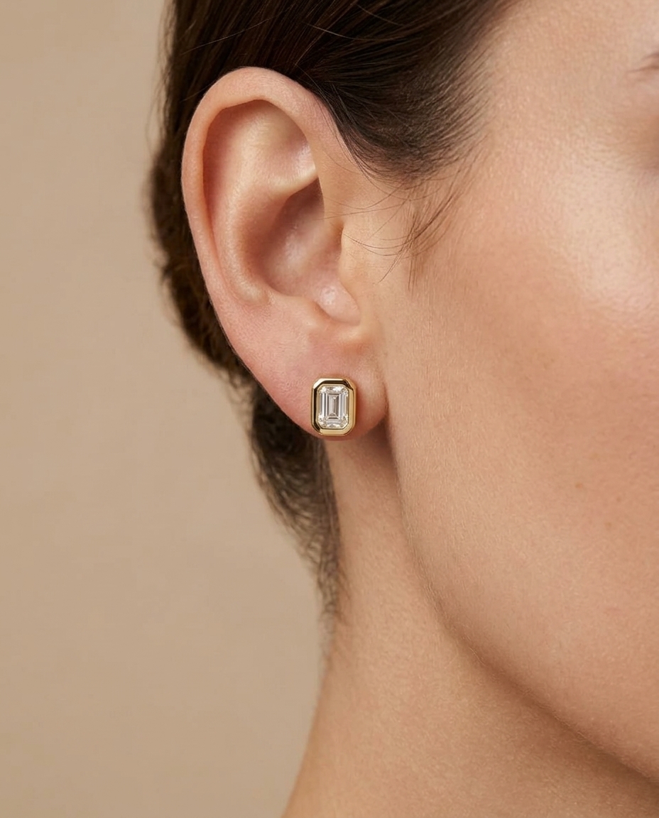 Diamond Baguette Bezeled Ear Studs on model