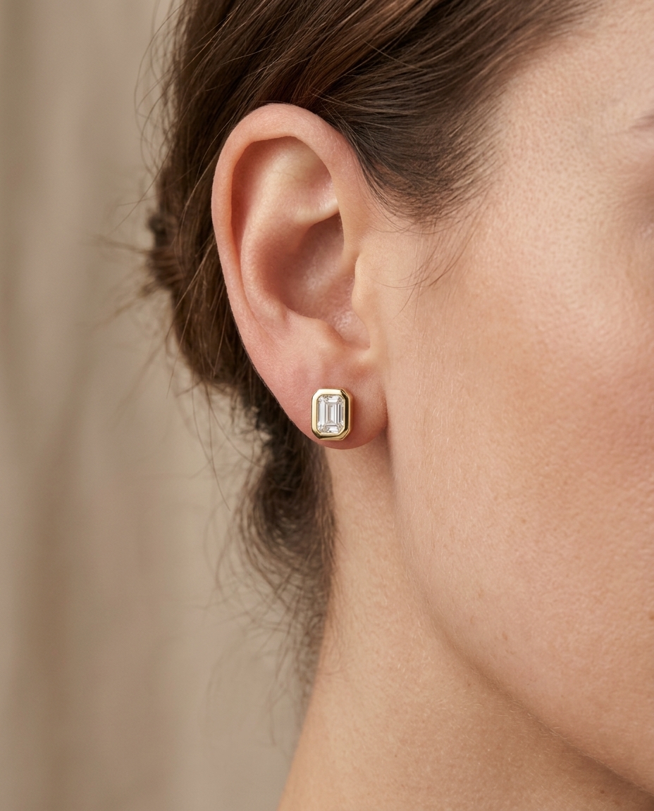 Diamond Baguette Bezeled Ear Studs on model