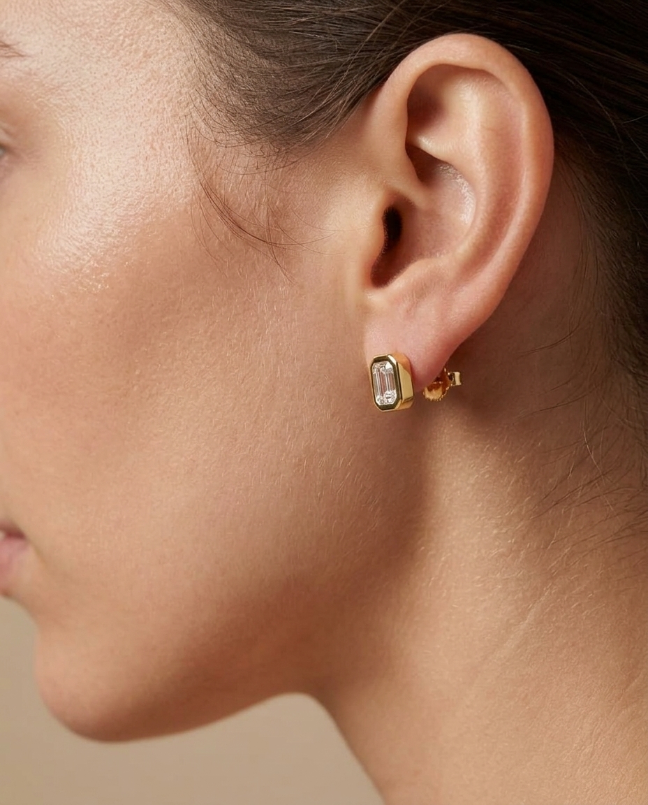 Diamond Baguette Bezeled Ear Studs on model