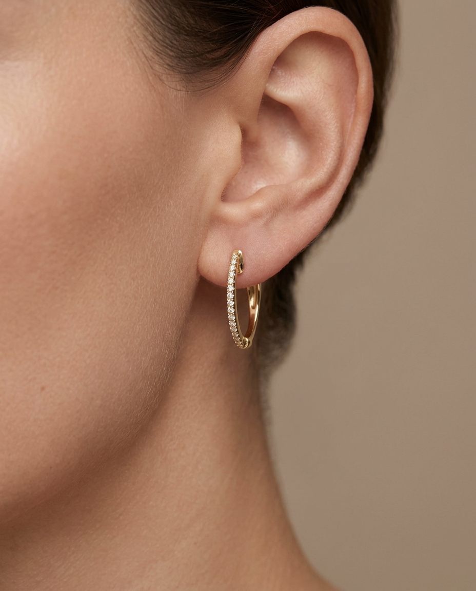 14KT Yellow Gold Diamond Hoop Earring on model