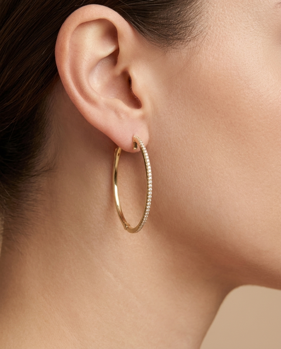 14KT Gold Diamond Hoop Earrings on model