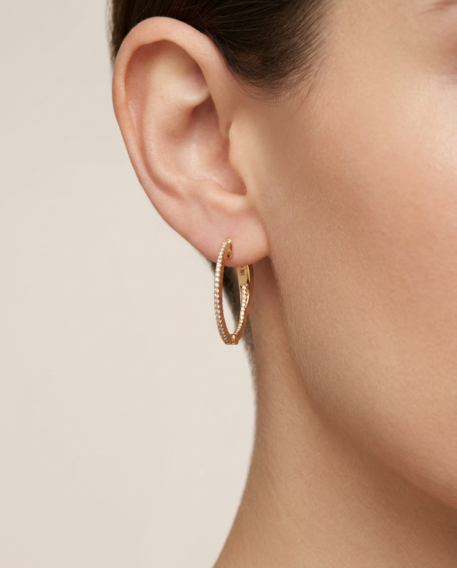 14KT Yellow Gold Diamond Hoop Earring on model
