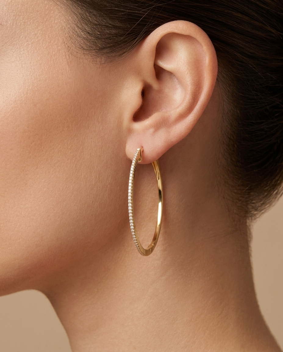 14KT Gold Diamond Hoop Earrings on model