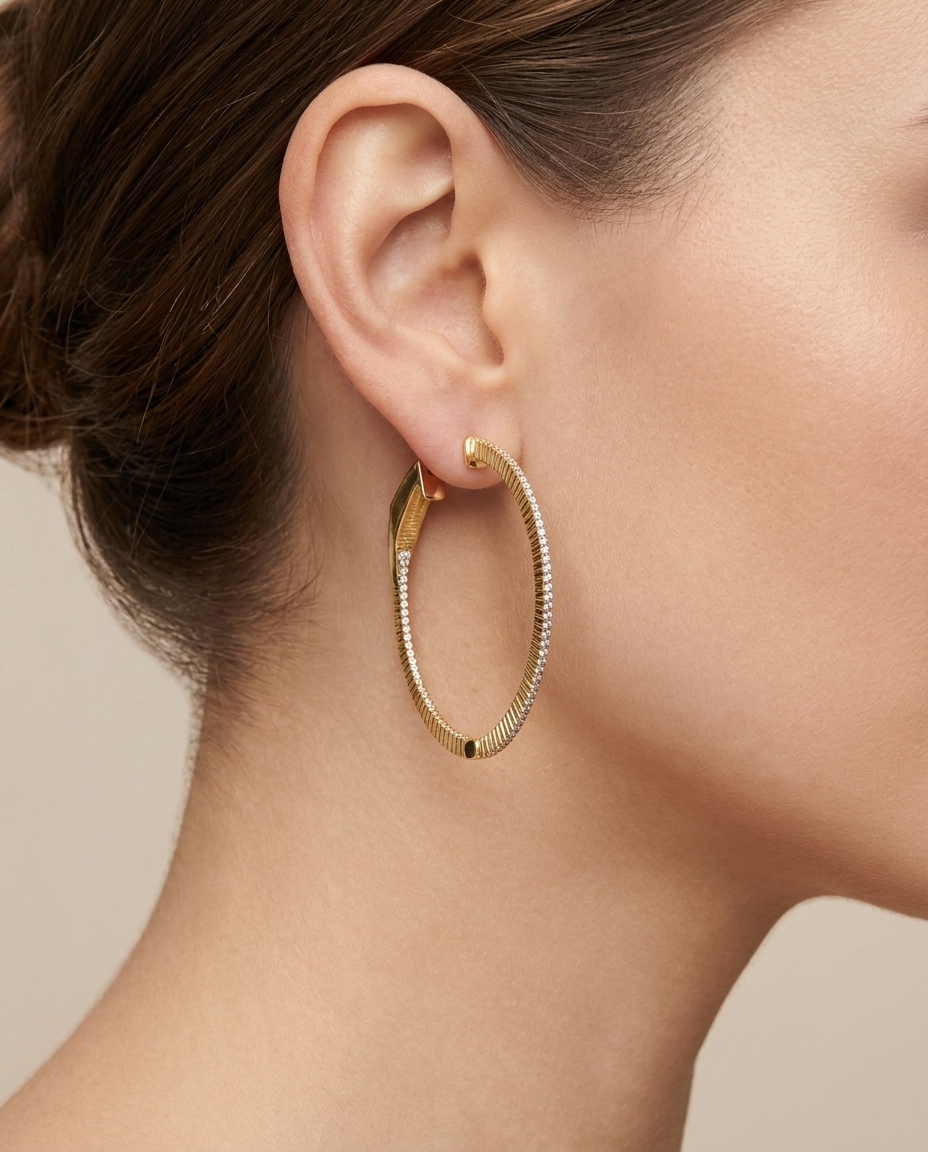 14KT Yellow Gold Diamond Hoop Earrings on model