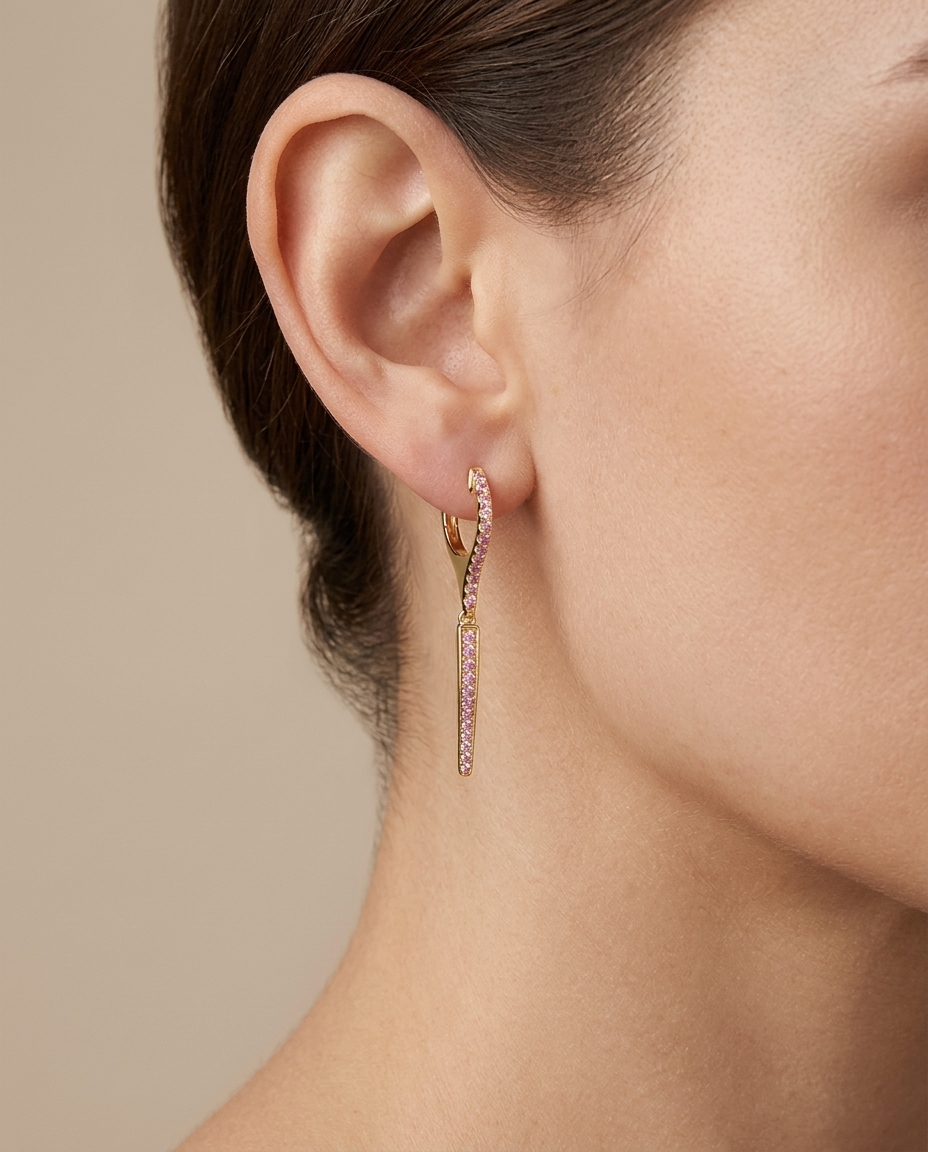 14KT Yellow Gold Pink Sapphire Spike Huggies on model