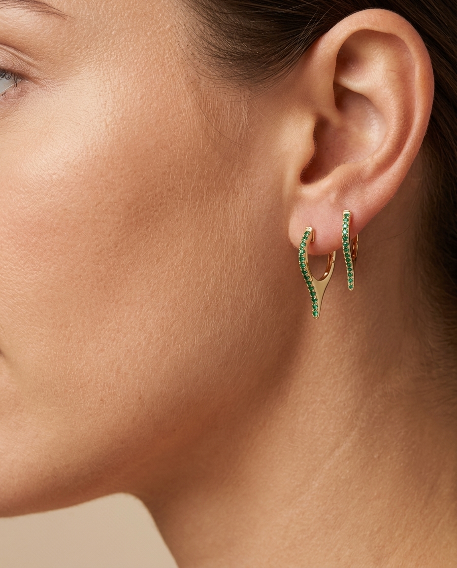 14KT Yellow Gold Emerald Spike Huggies on model