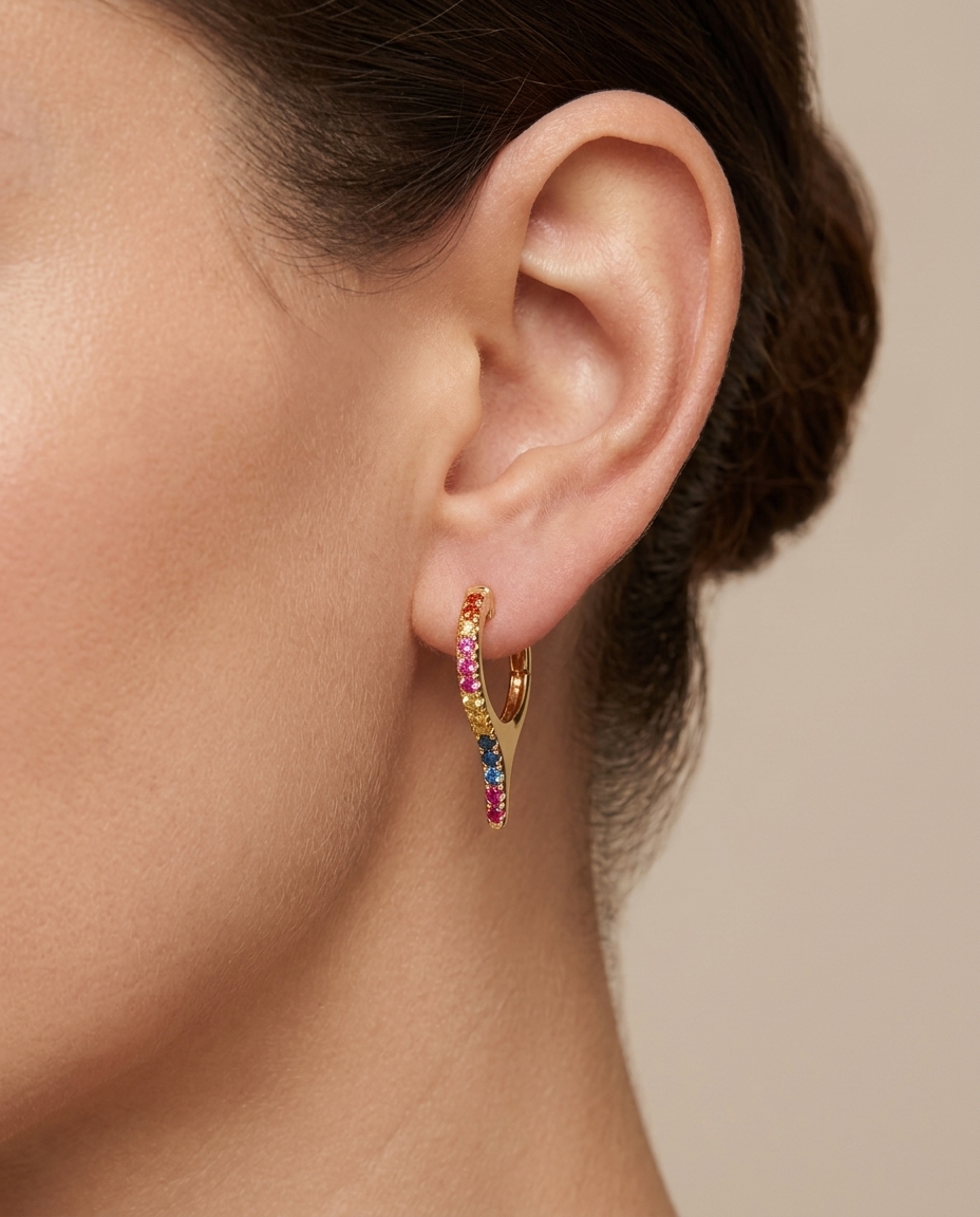 14KT Yellow Gold Multi Sapphire Spike Huggies on model