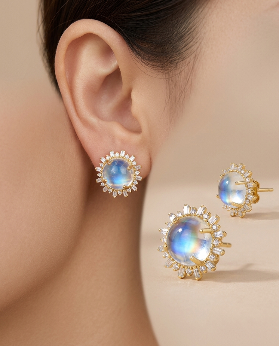 14KT Yellow Gold Rainbow Moonstone Diamond Earring on model