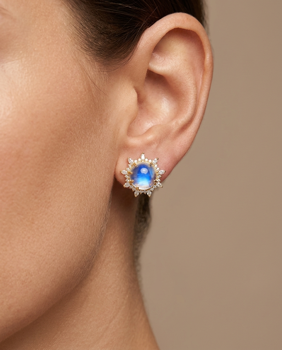 14KT Yellow Gold Rainbow Moonstone Diamond Earring on model