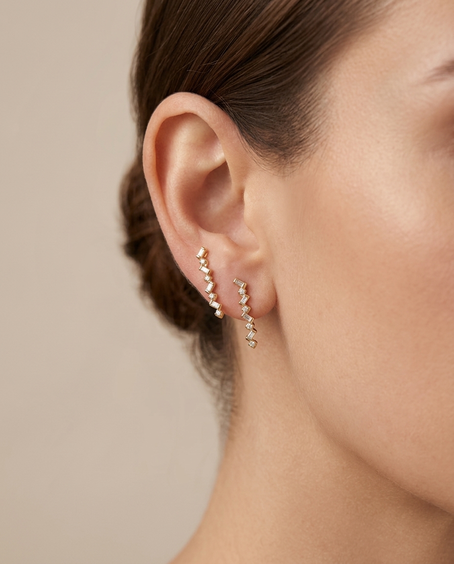 14KT Gold Diamond Earrings on model