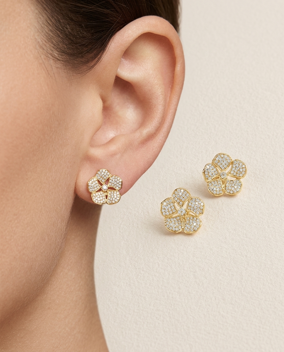 14KT Yellow Gold Flower Earring with Diamonds on model