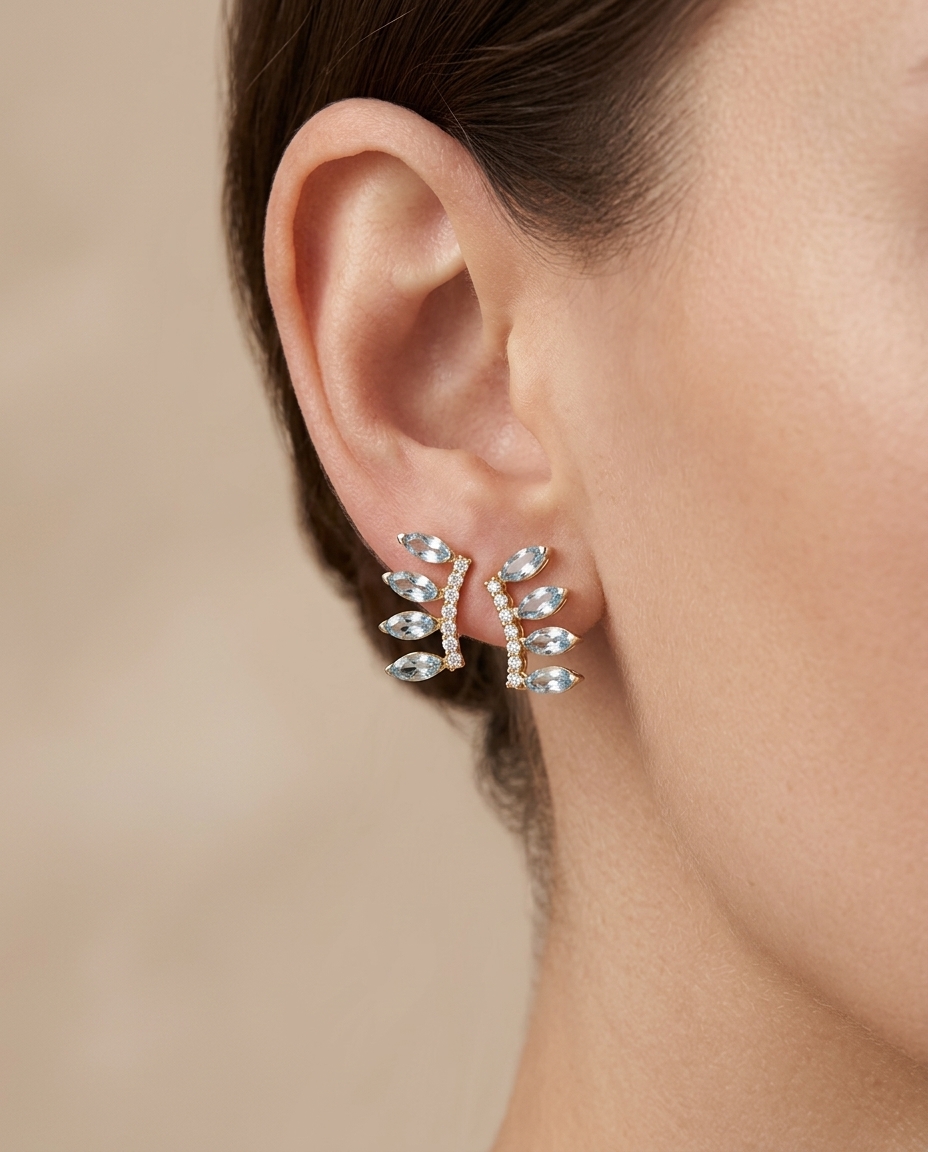 14KT Yellow Gold Aquamarine and Diamonds Earring on model