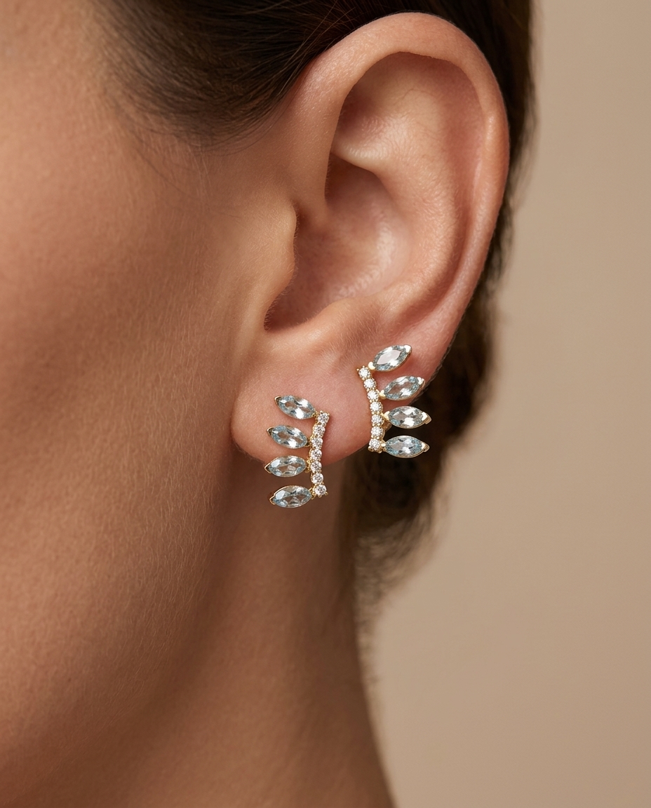 14KT Yellow Gold Aquamarine and Diamonds Earring on model