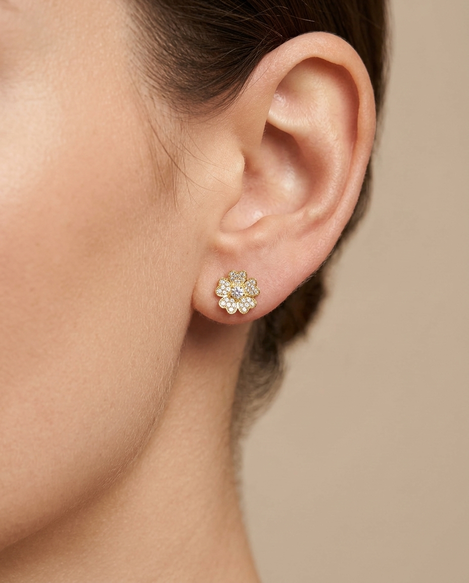 14KT Gold Diamond Flower Earring on model