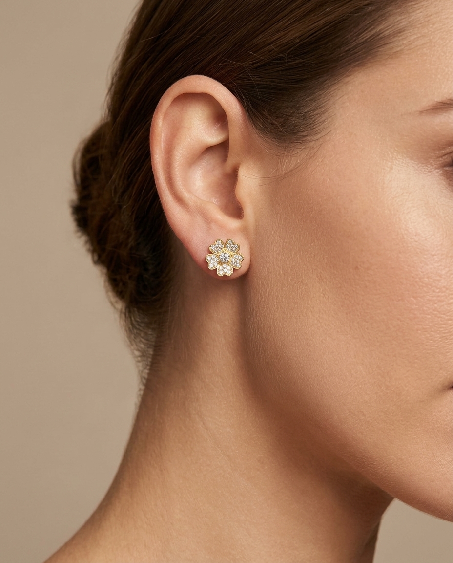 14KT Gold Diamond Flower Earring on model