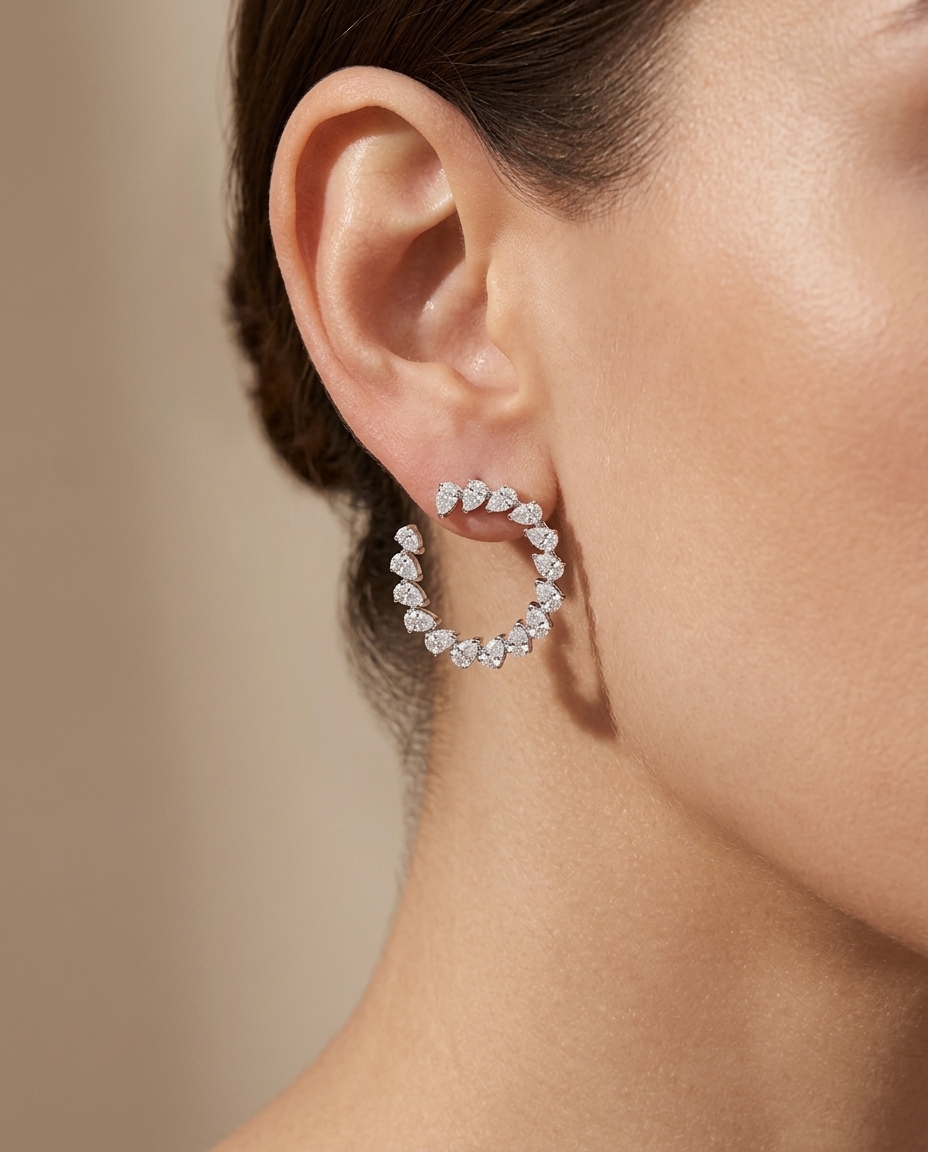 14KT White Gold Pear Shape Diamond Earrings on model