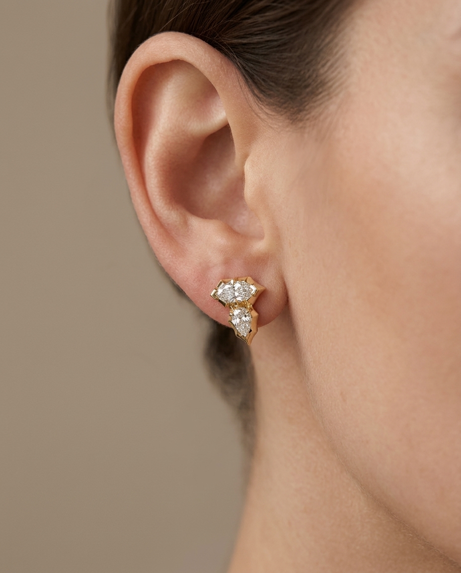 14KT Yellow Gold Pear and Marquise Shape Diamond Earring on model