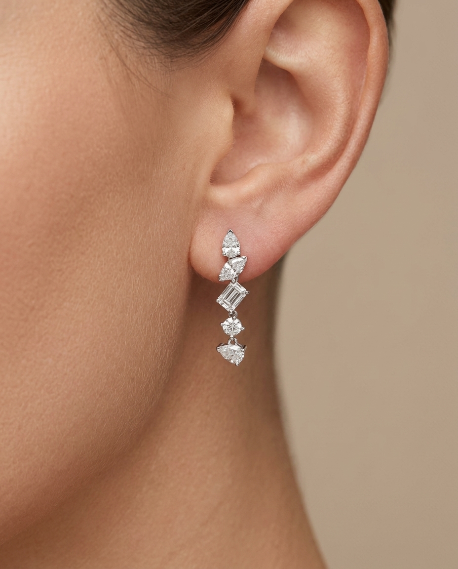 14KT White Gold Diamond Dangling Earrings on model