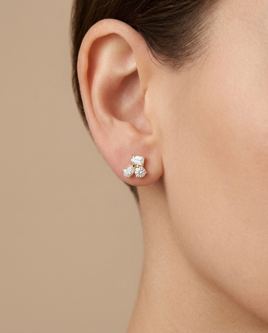 14KT Gold Diamond Earrings on model