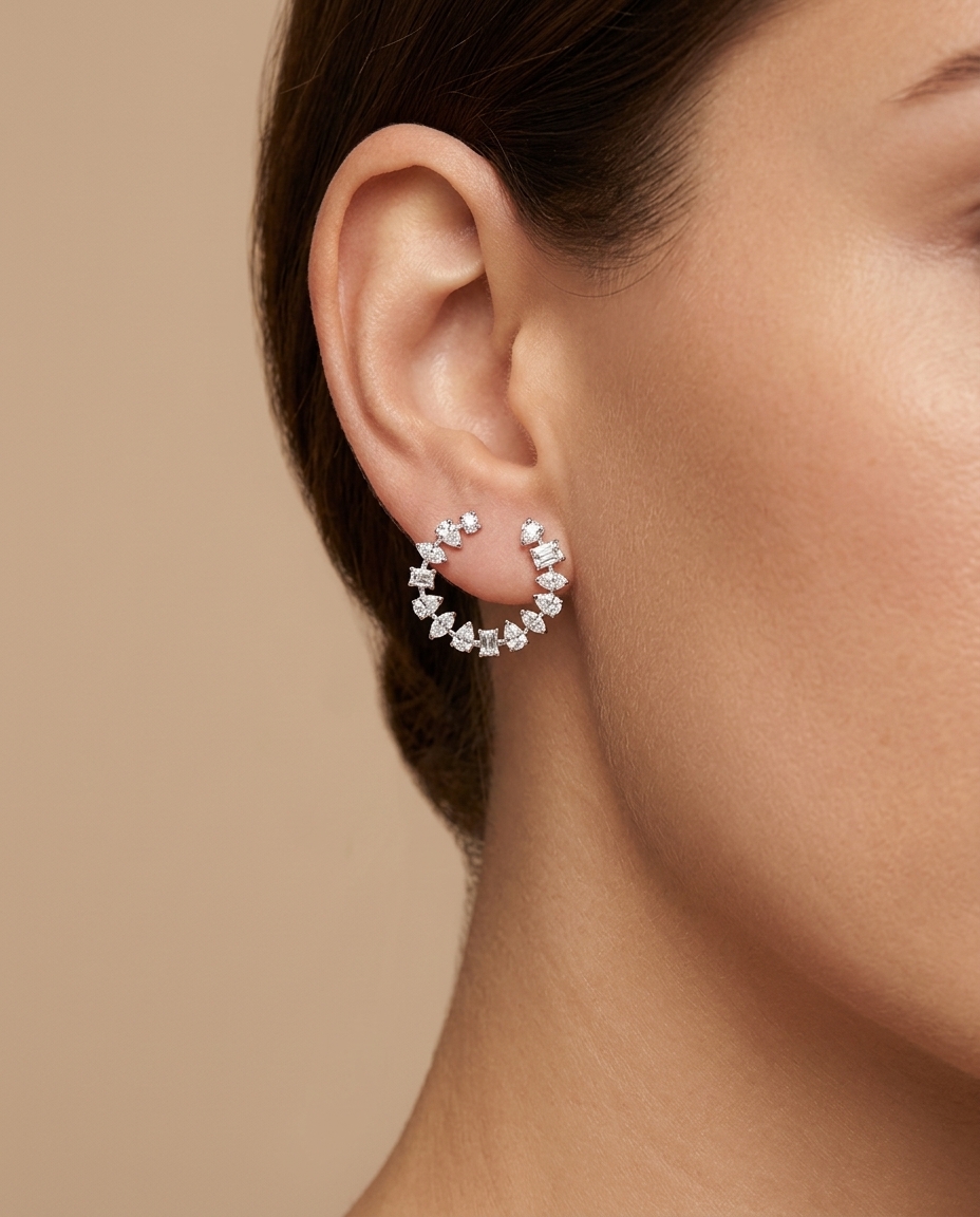 14KT White Gold Multi Shape Diamonds Open Hoop Earrings on model
