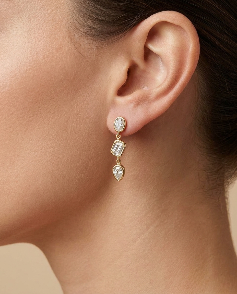 14KT Gold Diamond Dangling Earring on model