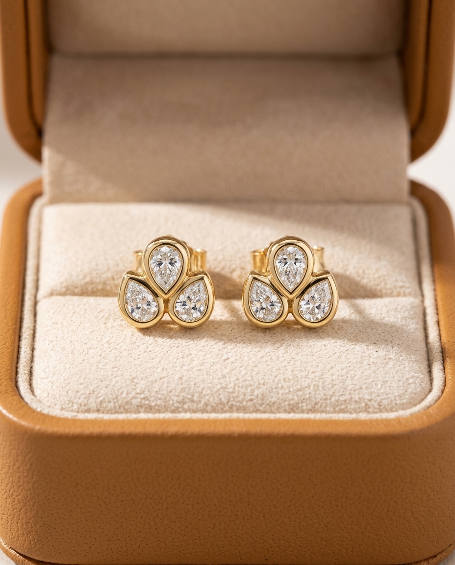 14KT Gold Pear Diamond Earring on model