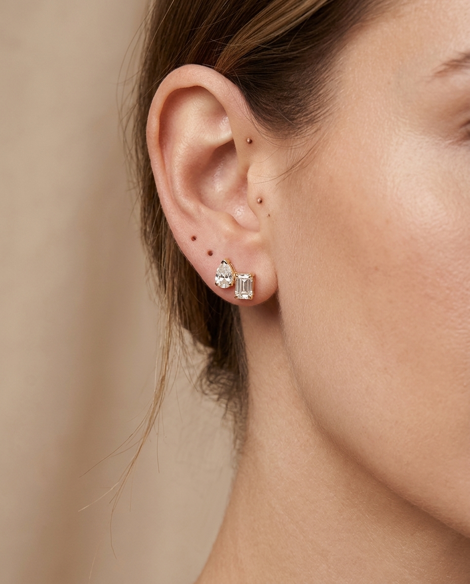 14KT Gold Diamond Earring on model