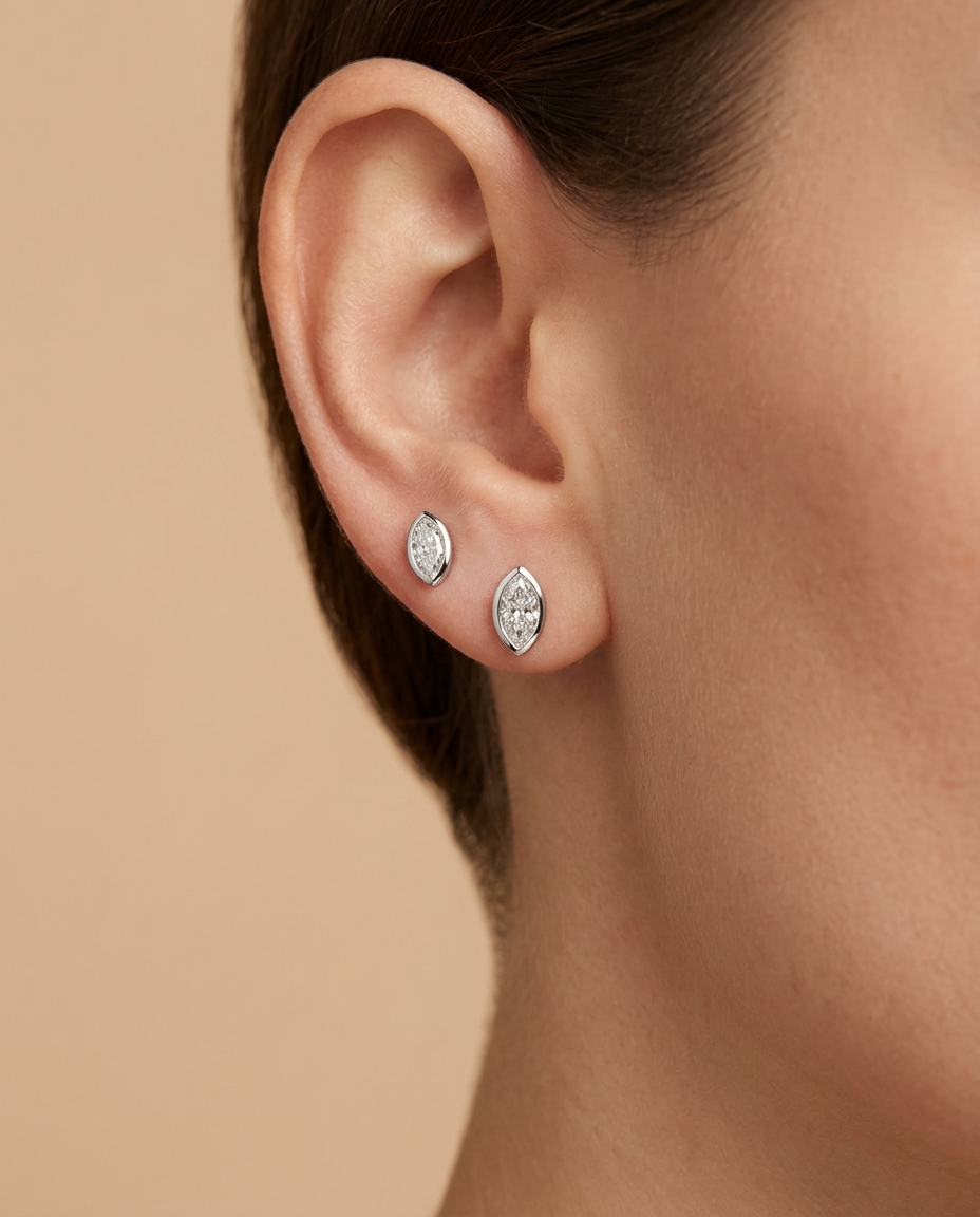 14KT White Gold Marquise Diamond Earring on model