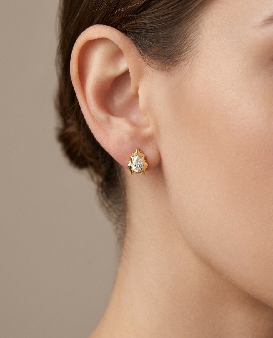 14KT Gold Diamond Earring Studs on model