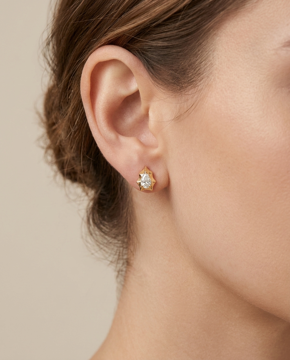 14KT Gold Diamond Earring Studs on model