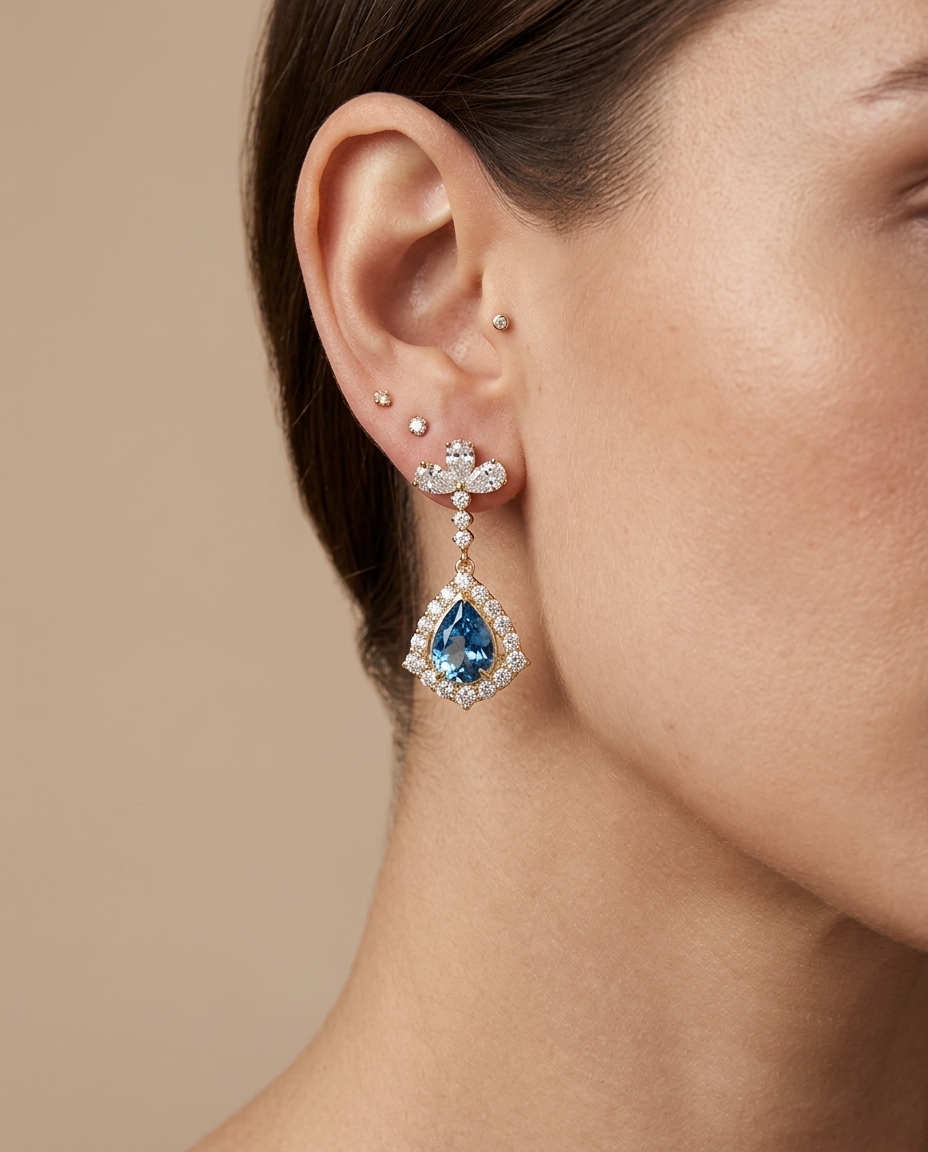 14KT Gold Aquamarine and Diamonds Earring on model