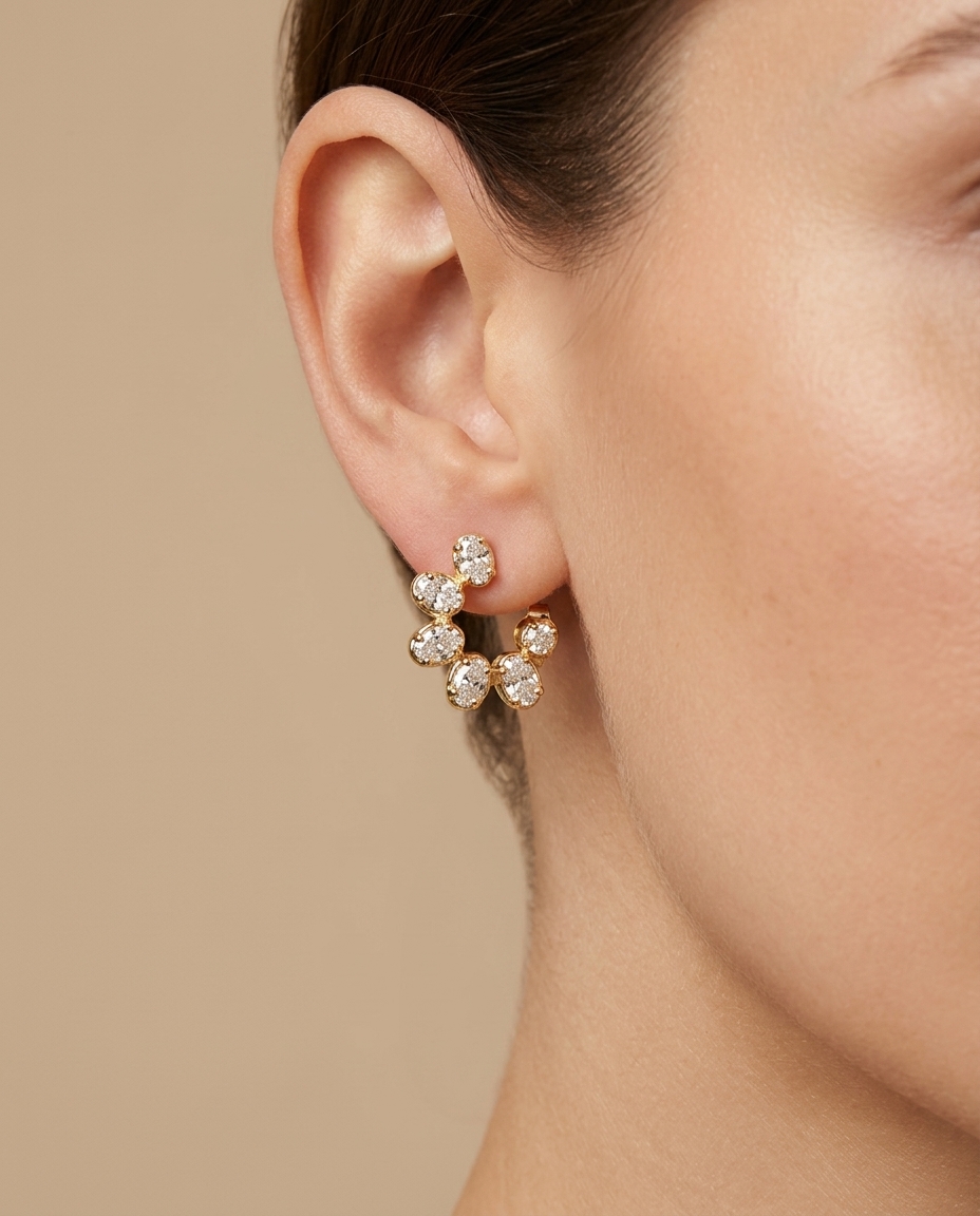14KT Yellow Gold Multi Shape Diamonds Open Hoop Earrings on model