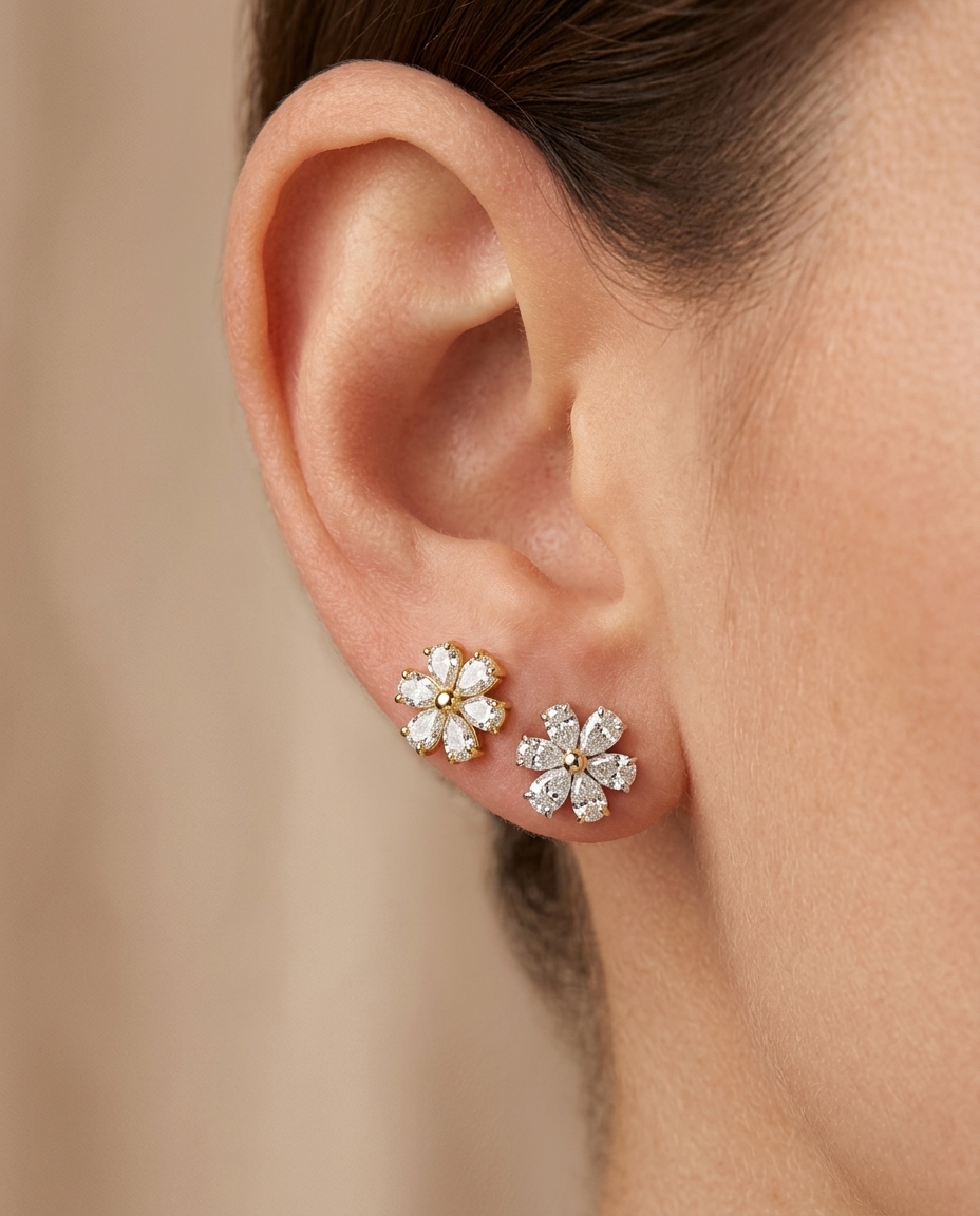 14KT Gold Diamond Flower Earrings on model