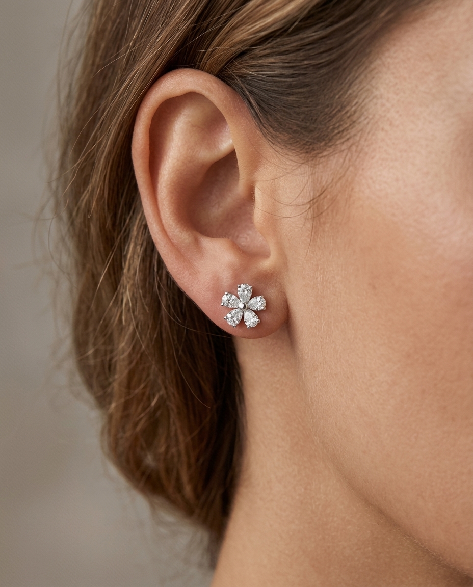 14KT Gold Diamond Flower Earrings on model