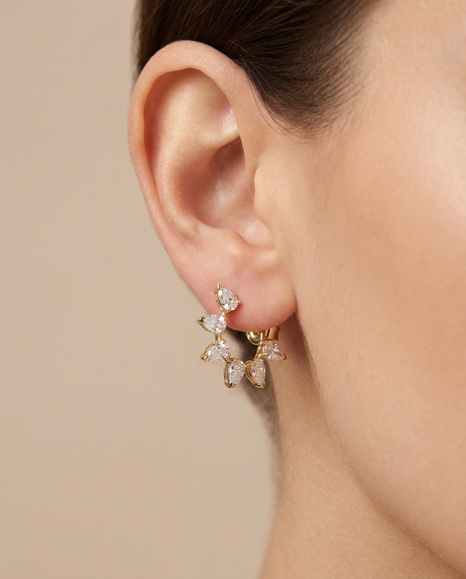14KT Gold Pear Diamond Open Hoop Earrings on model