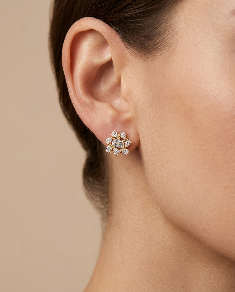 14KT Gold Marquise Diamond Earring on model