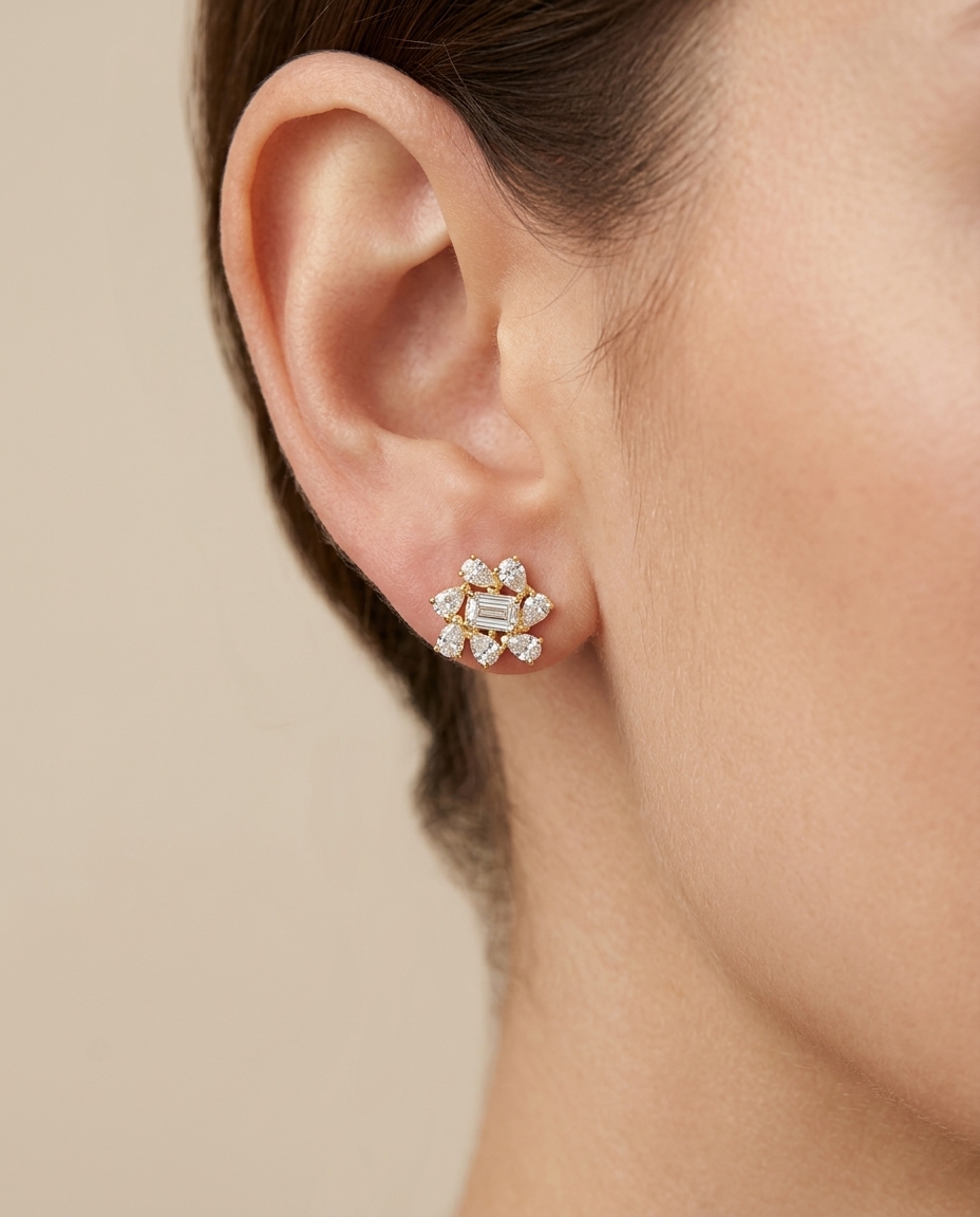 14KT Gold Marquise Diamond Earring on model