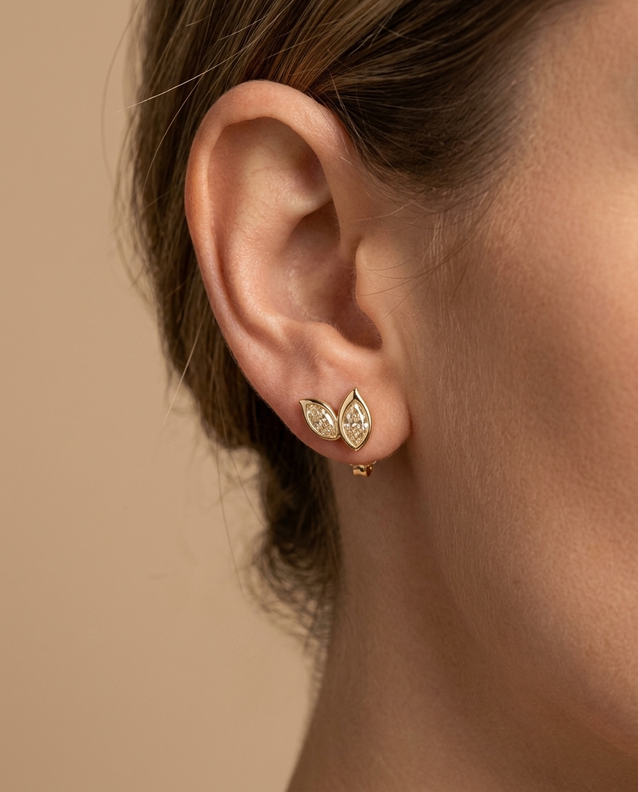 14KT Gold Marquise Diamond Earring on model