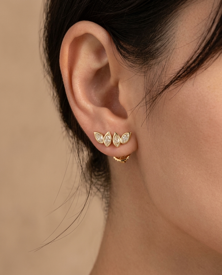 14KT Gold Marquise Diamond Earring on model